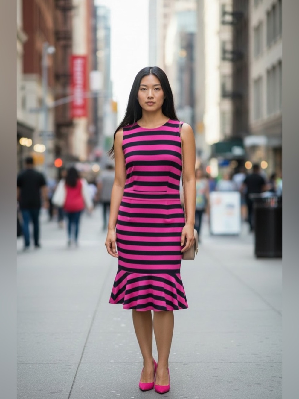 Banana Republic Hot Pink and Black Striped Sleeveless Midi Dress with Ruffle Hem - Picture 4 of 10